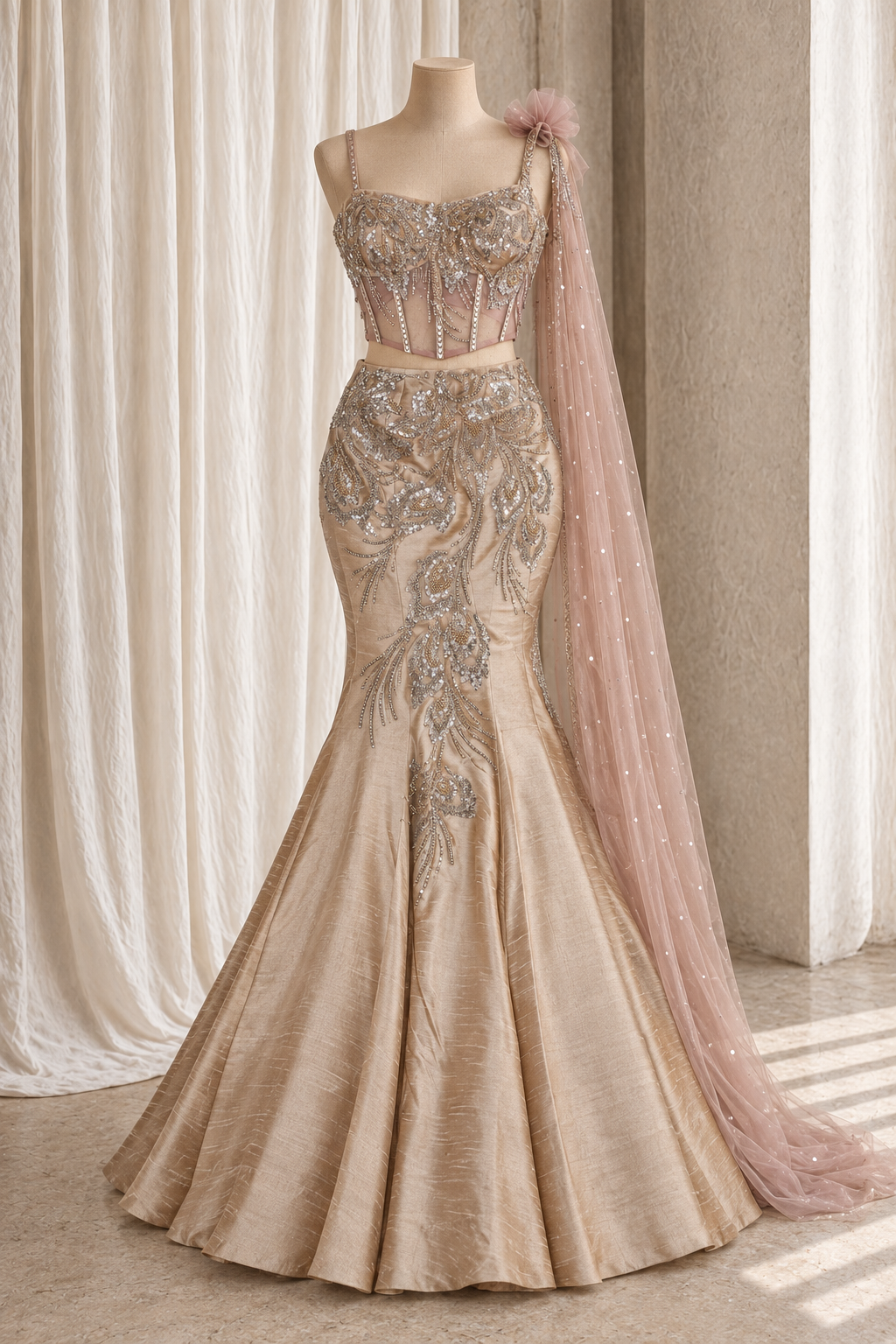 Gorgeous Raw Silk Fabric and Beige Color With Cutdana Work With Fishcut Lehenga Choli