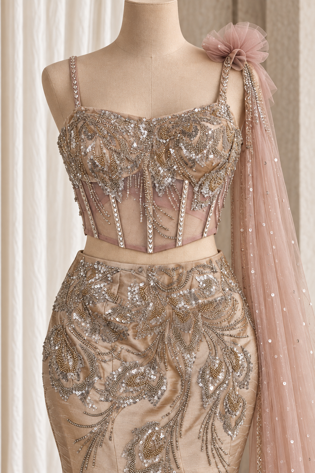 Gorgeous Raw Silk Fabric and Beige Color With Cutdana Work With Fishcut Lehenga Choli