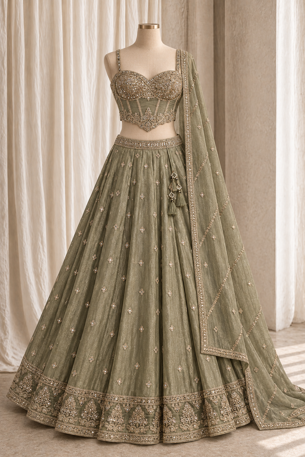 Exquisite Organza Fabric and Pastel Green Color With Mirror Work Lehenga Choli