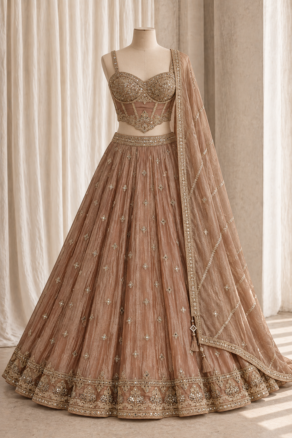 Goodly Organza Fabric and Peach Color With Mirror Work Lehenga Choli