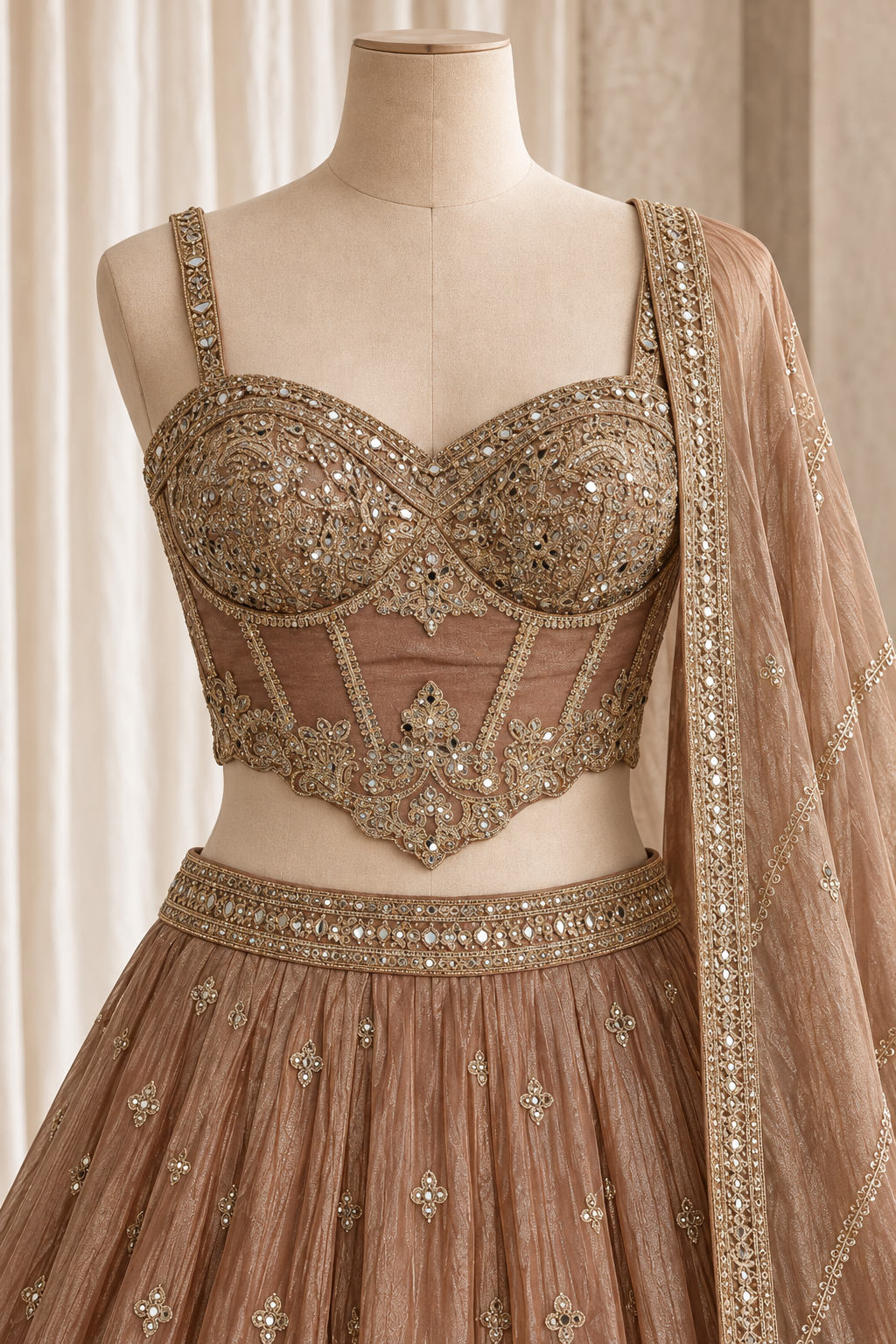 Goodly Organza Fabric and Peach Color With Mirror Work Lehenga Choli