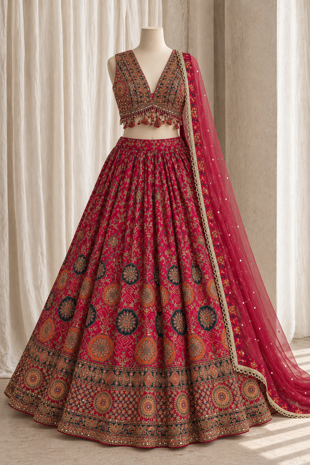 Flawless Crepe Fabric and Rani Color With Bandhej Print Work Lehenga Choli