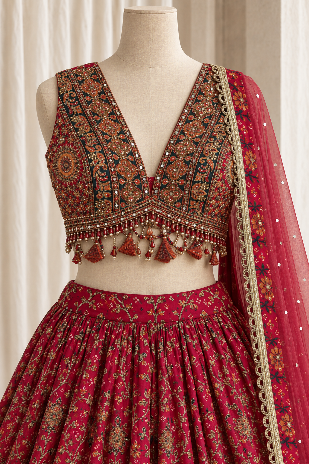 Flawless Crepe Fabric and Rani Color With Bandhej Print Work Lehenga Choli