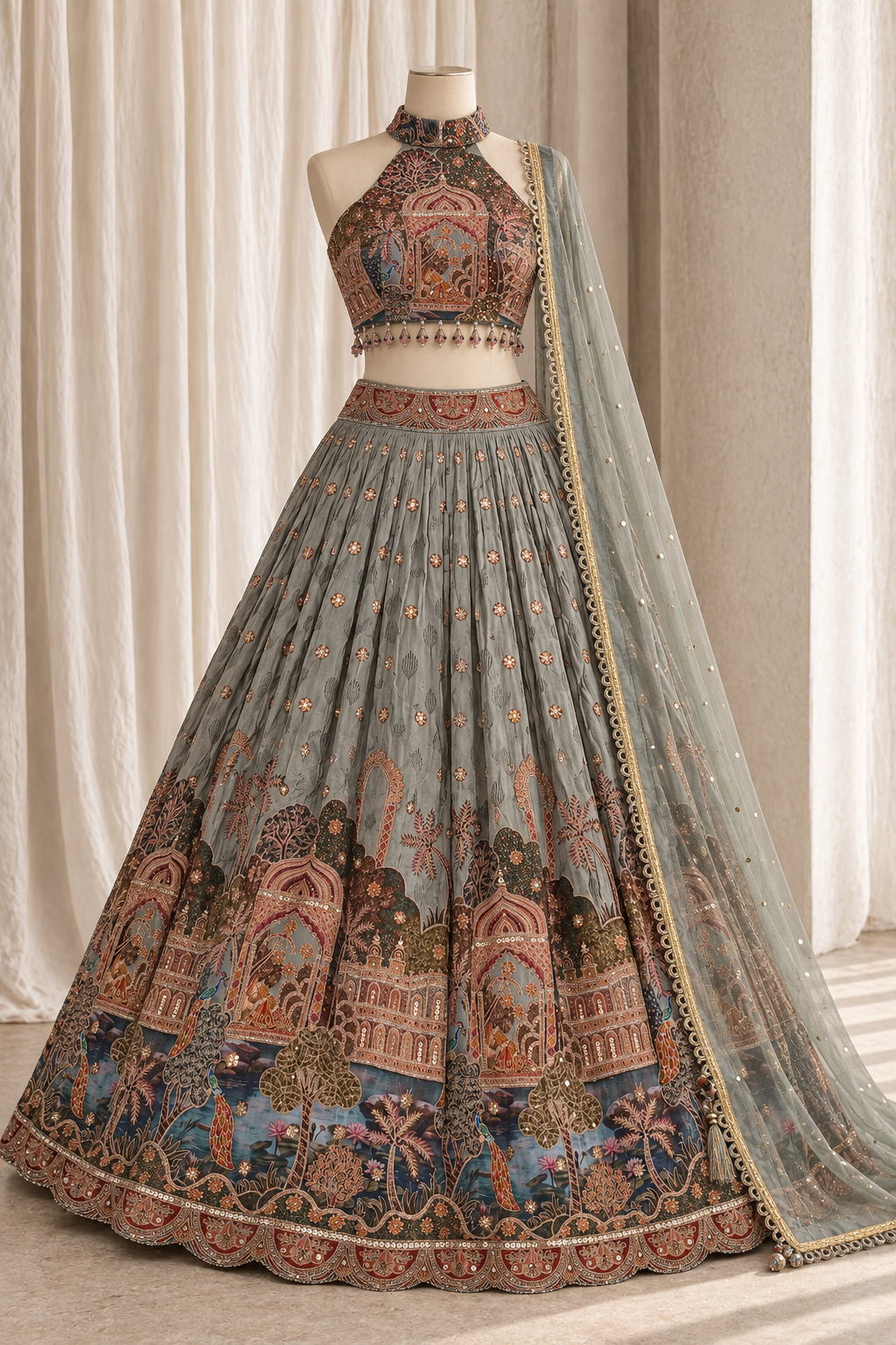 Fascinating Chinon Silk Fabric and Mehndi Green Color With Digital Print Work Lehenga Choli