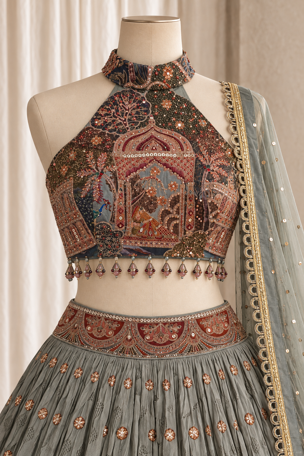 Fascinating Chinon Silk Fabric and Mehndi Green Color With Digital Print Work Lehenga Choli