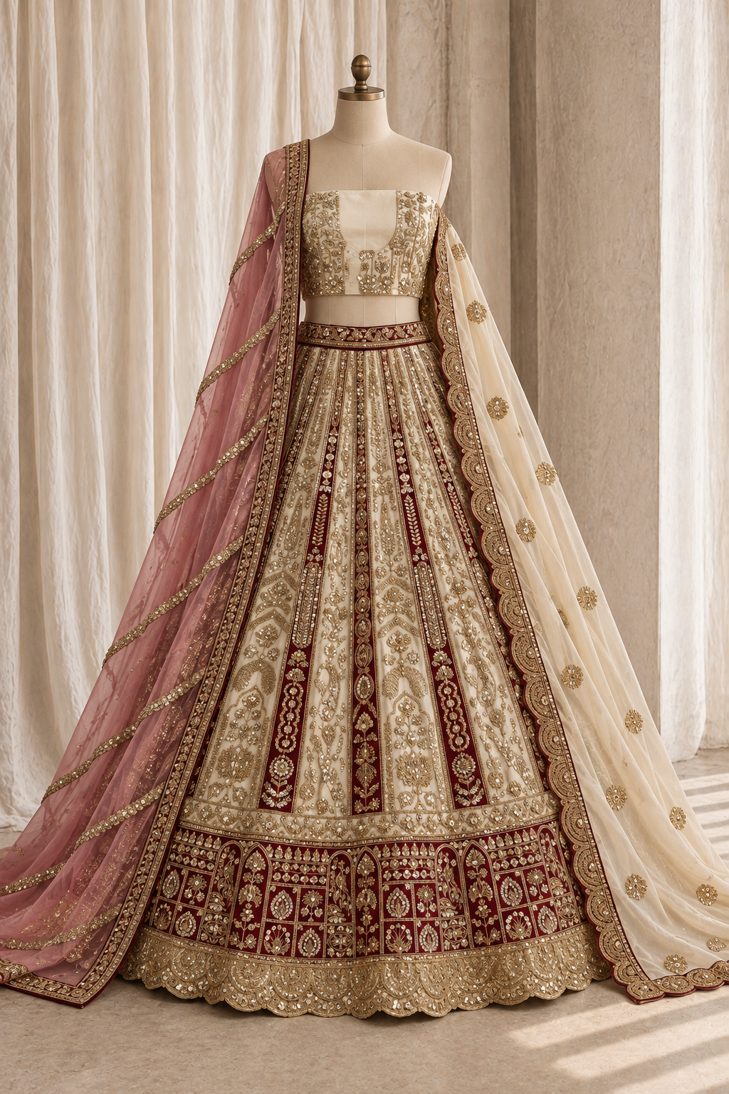 Exquisite Raw Silk Fabric and Beige And Maroon Color With Zari Kasab Work Lehenga Choli