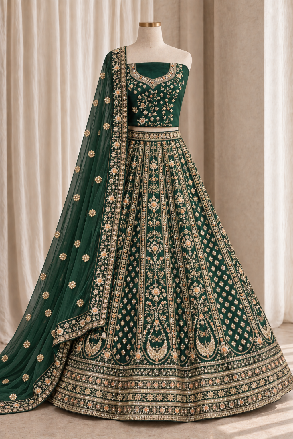 Likely Raw Silk Fabric and Dark Green Color With Thread Work Lehenga Choli