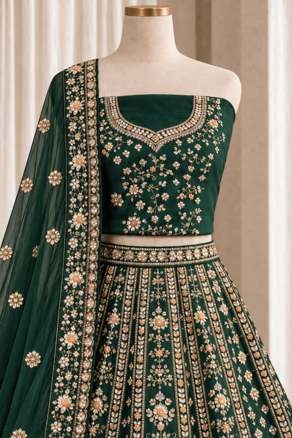Likely Raw Silk Fabric and Dark Green Color With Thread Work Lehenga Choli