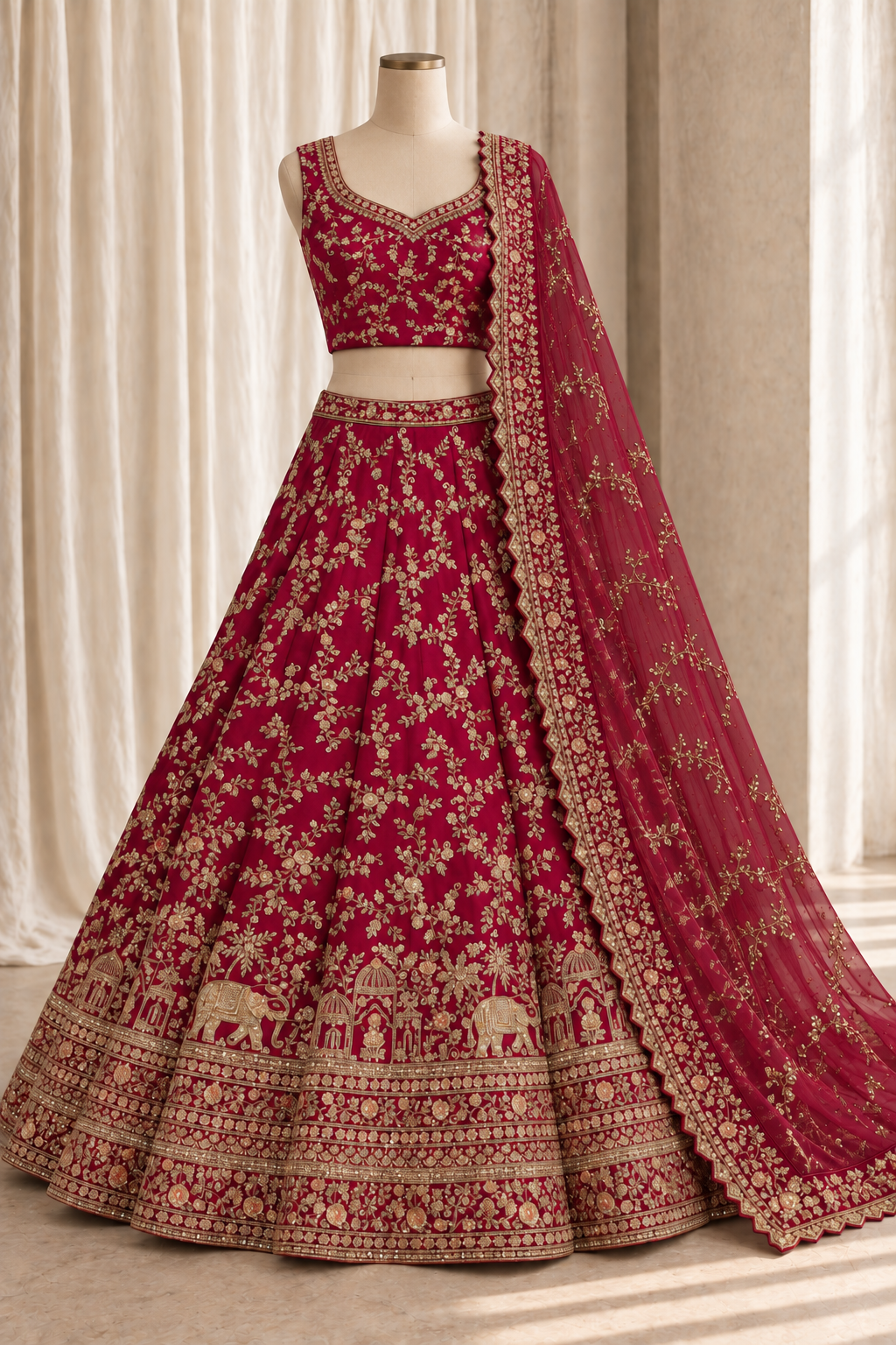 Good-looking Dupion Silk Fabric and Maroon Color With Zardozi Sequins Work Lehenga Choli