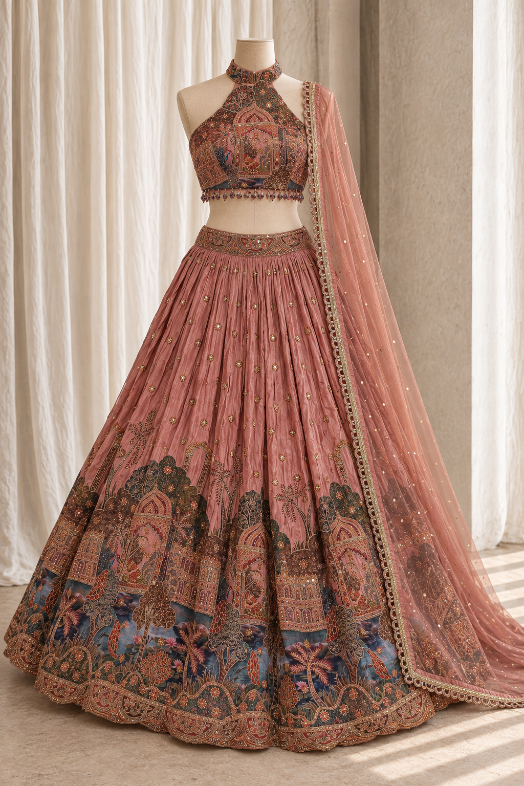 Likely Chinon Silk Fabric and Rose Pink Color With Digital Print Work Lehenga Choli