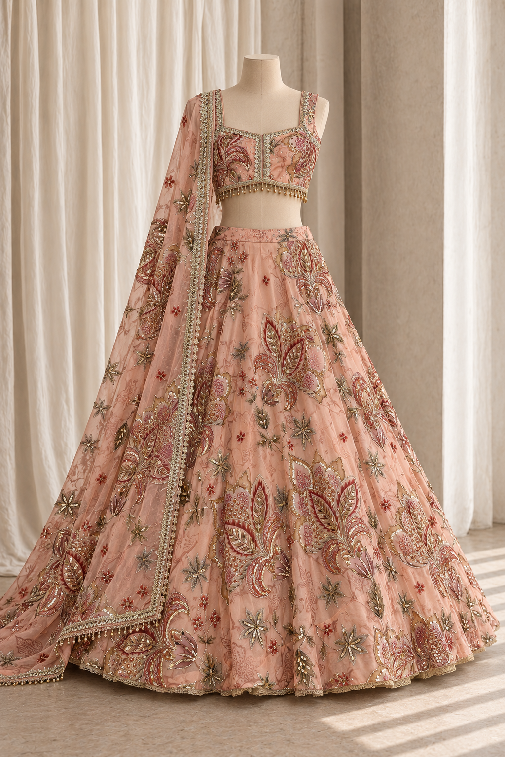 Comely Organza Fabric and Peach Color With Digital Print Work Lehenga Choli