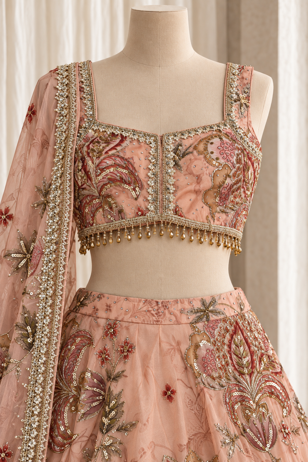 Comely Organza Fabric and Peach Color With Digital Print Work Lehenga Choli