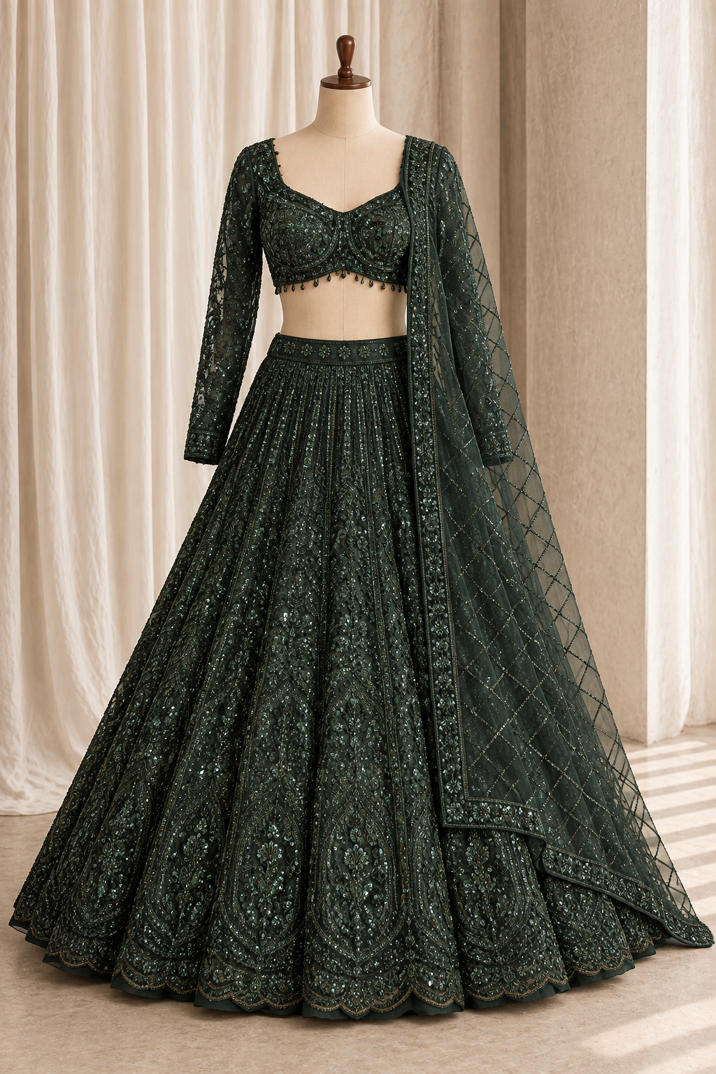 Aesthetic Soft Net Fabric and Dark Green Color With Cutdana Work Lehenga Choli