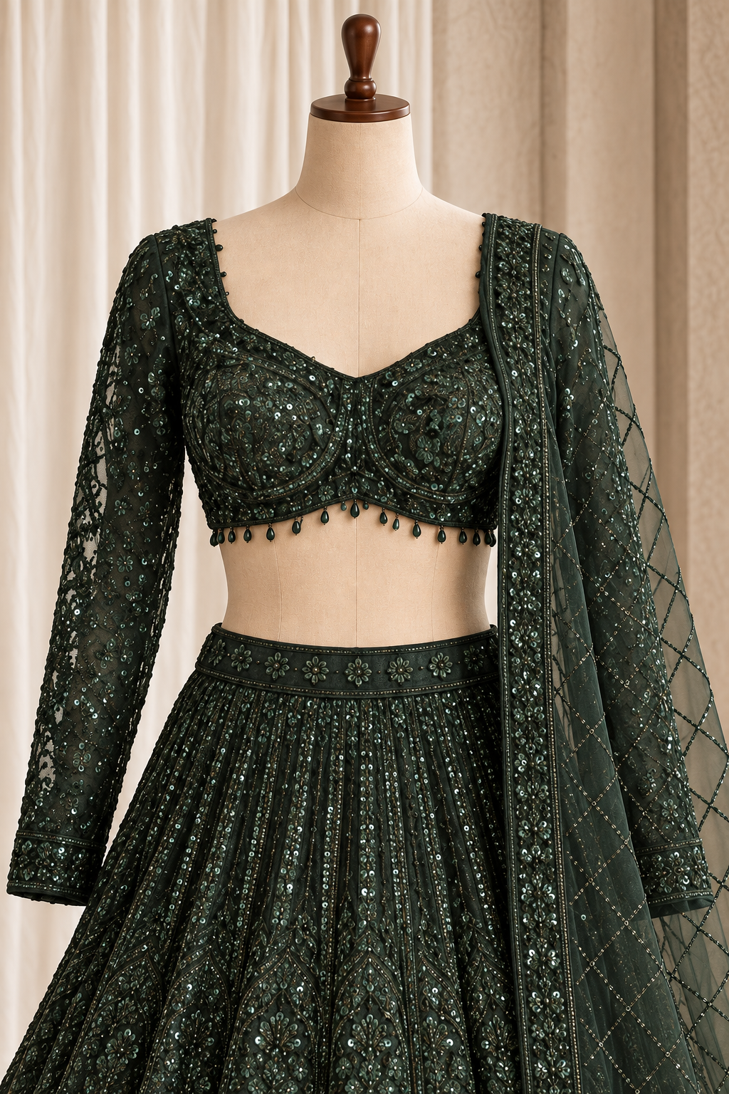 Aesthetic Soft Net Fabric and Dark Green Color With Cutdana Work Lehenga Choli