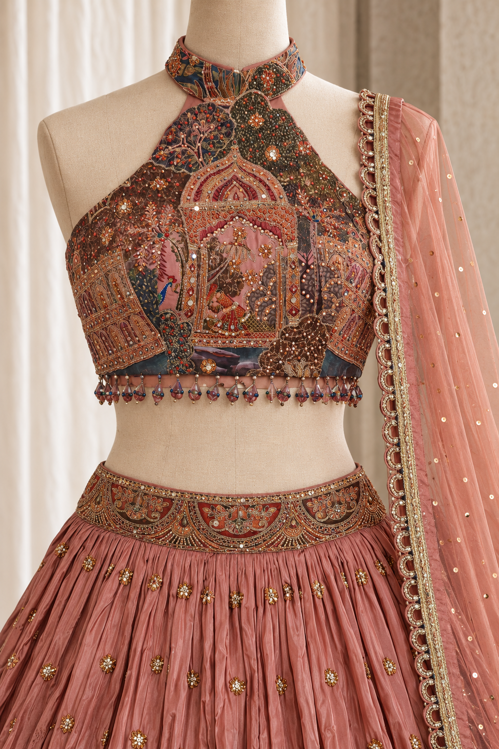 Likely Chinon Silk Fabric and Rose Pink Color With Digital Print Work Lehenga Choli