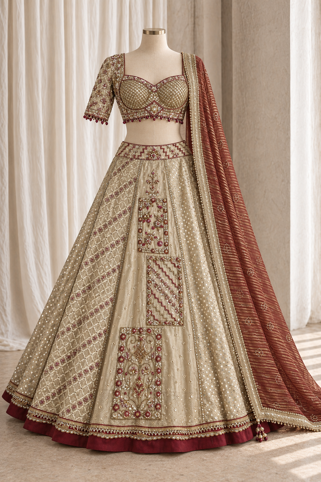 Perfect Banarasi Tissue Silk Fabric and Beige Color With Sequins Work Lehenga Choli