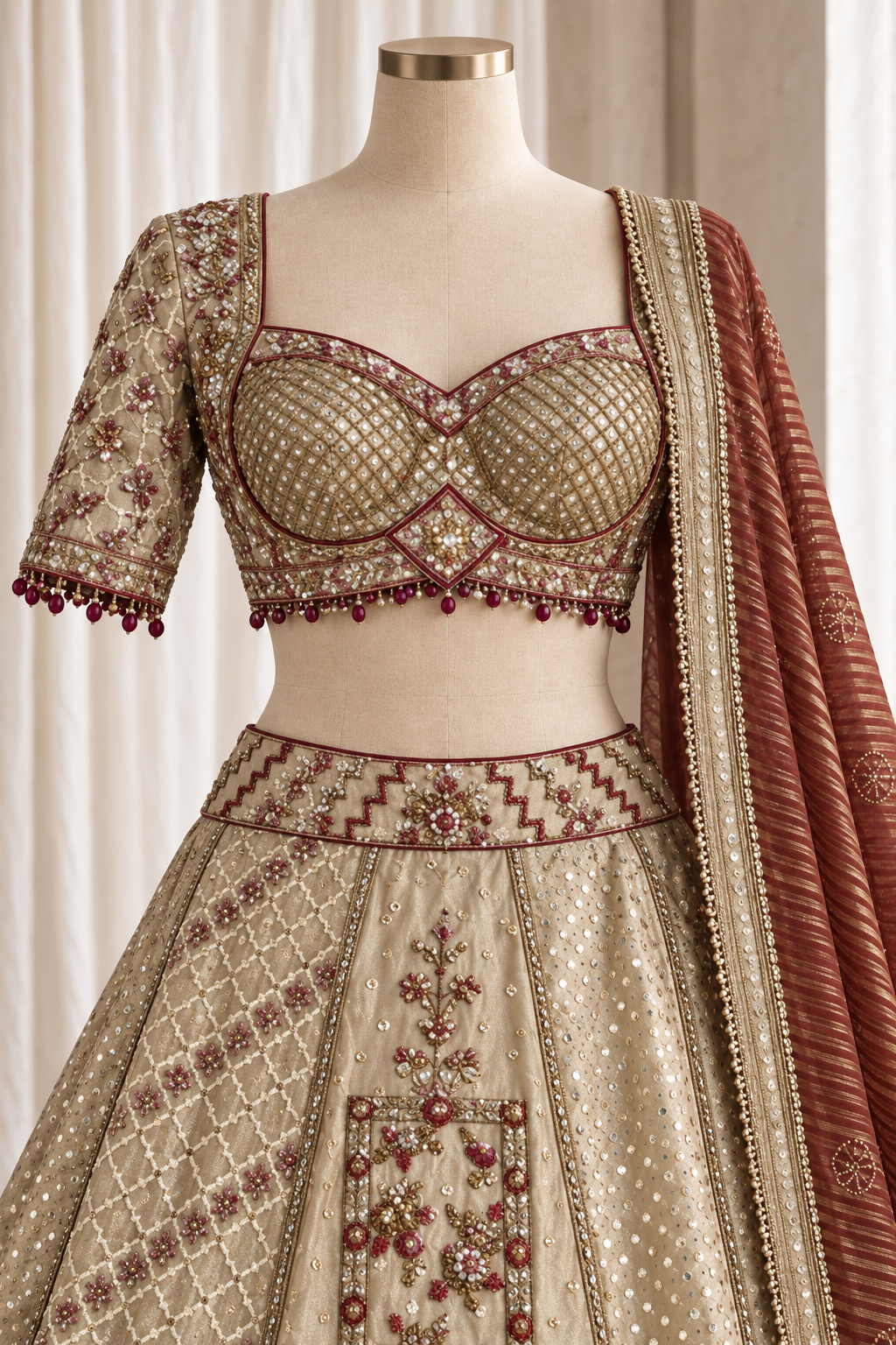 Perfect Banarasi Tissue Silk Fabric and Beige Color With Sequins Work Lehenga Choli