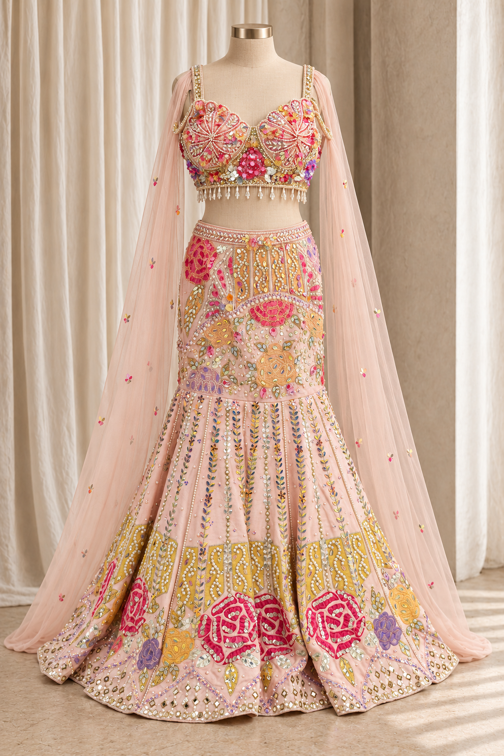 Ravishing Dupion Silk Fabric and Peach Pink Color With PDP Work Fishcut Lehenga Choli