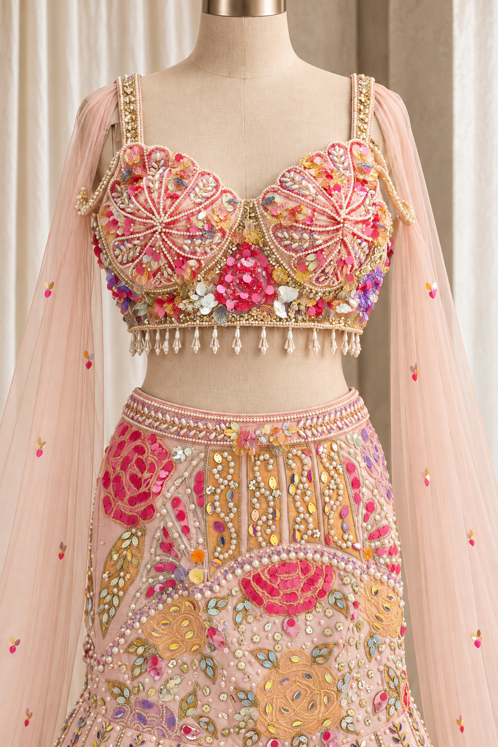 Ravishing Dupion Silk Fabric and Peach Pink Color With PDP Work Fishcut Lehenga Choli