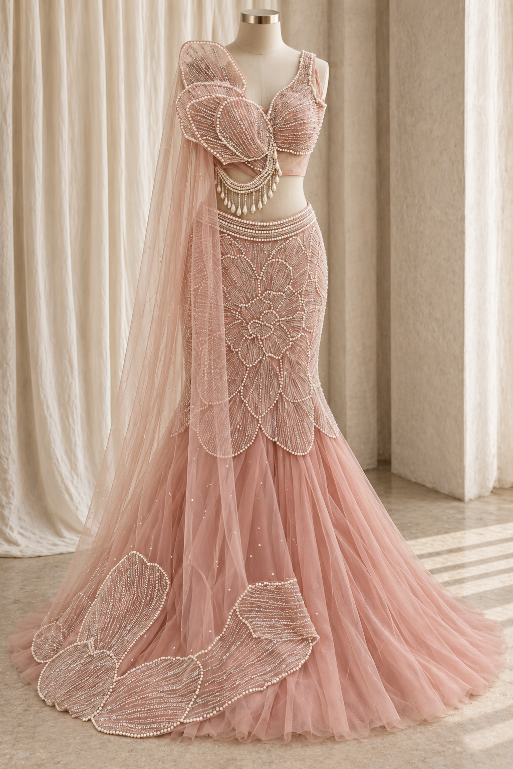 Magnificent Soft Net Fabric and Peach Pink Color With Moti Work Fishcut Lehenga Choli