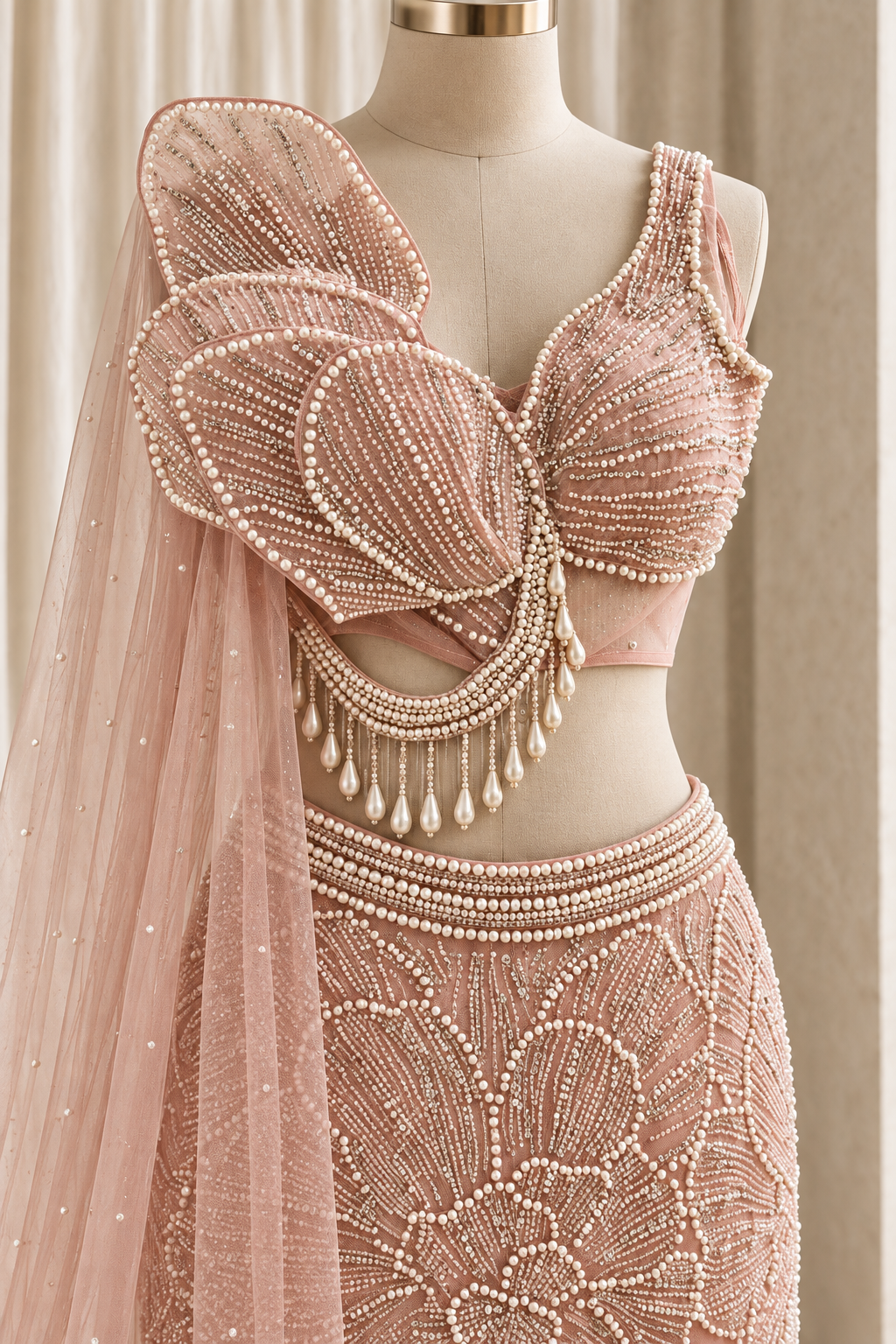 Magnificent Soft Net Fabric and Peach Pink Color With Moti Work Fishcut Lehenga Choli