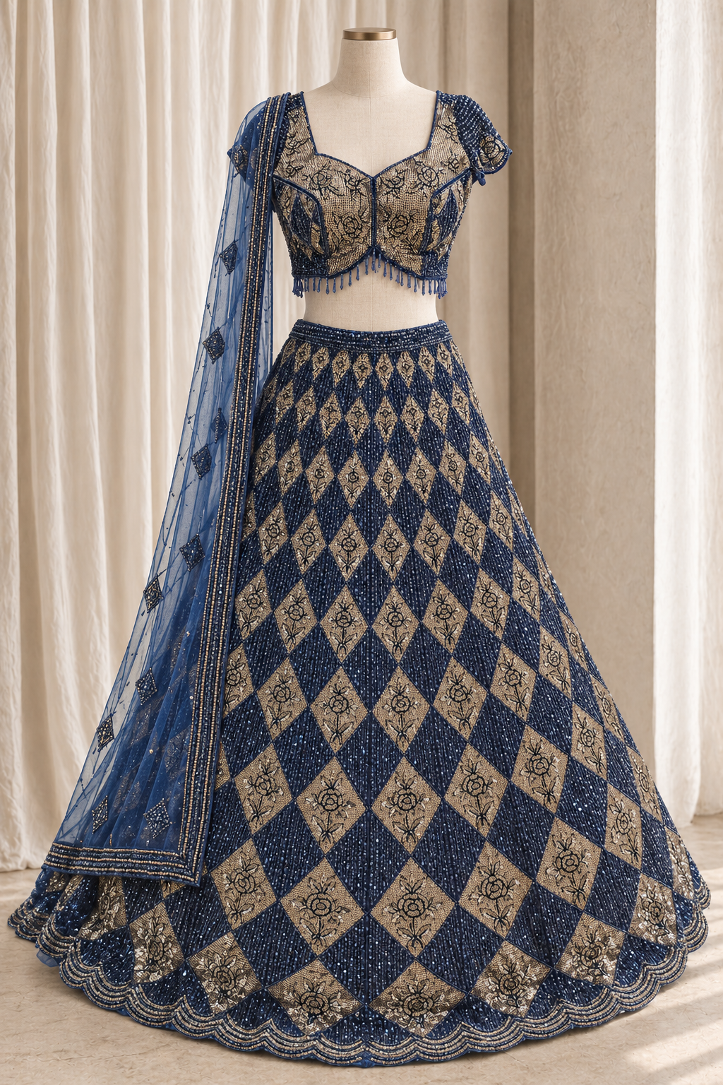 Stunning Soft Net Fabric and Navy Blue Color With Cutdana Work Lehenga Choli