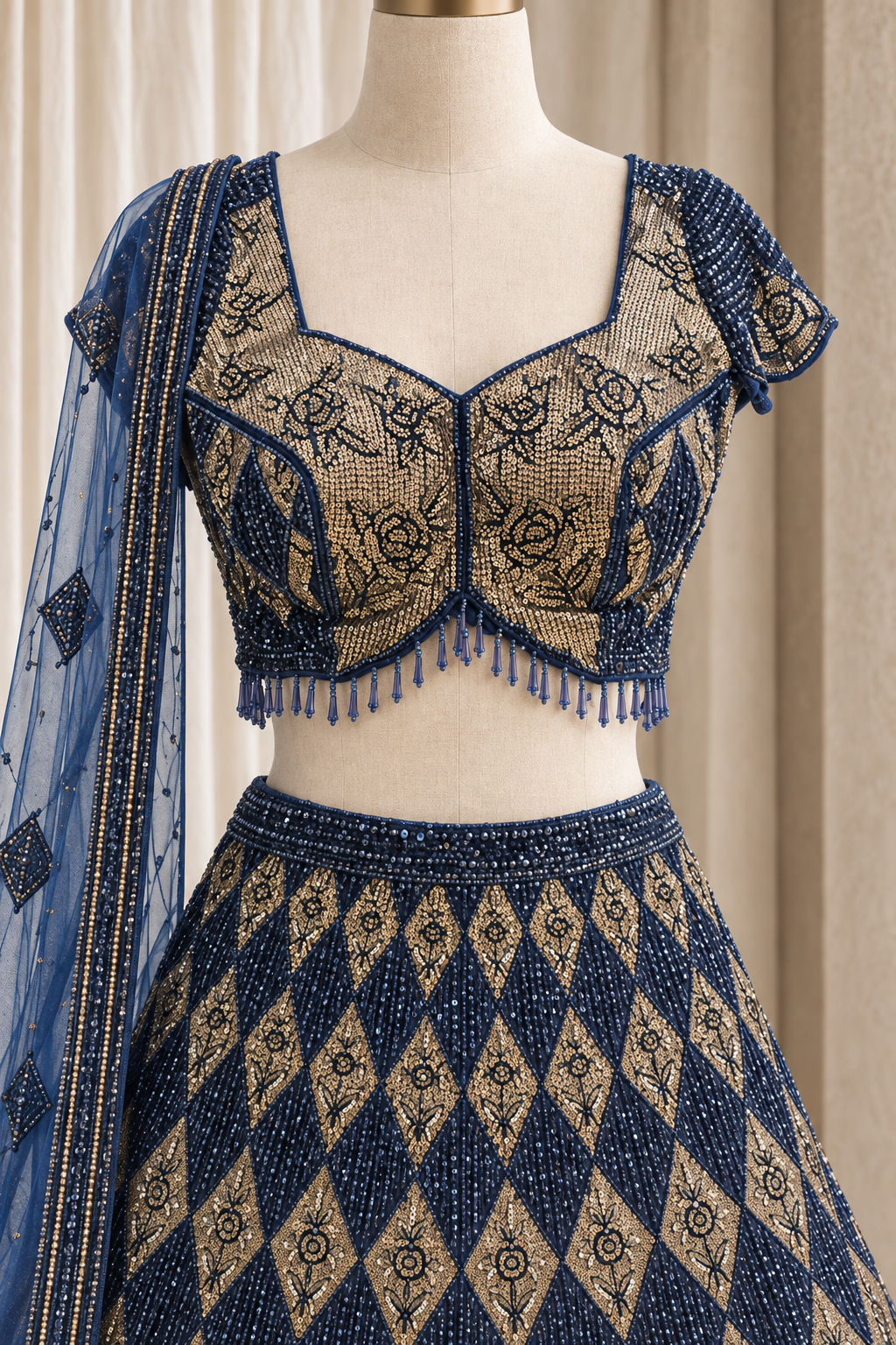 Stunning Soft Net Fabric and Navy Blue Color With Cutdana Work Lehenga Choli