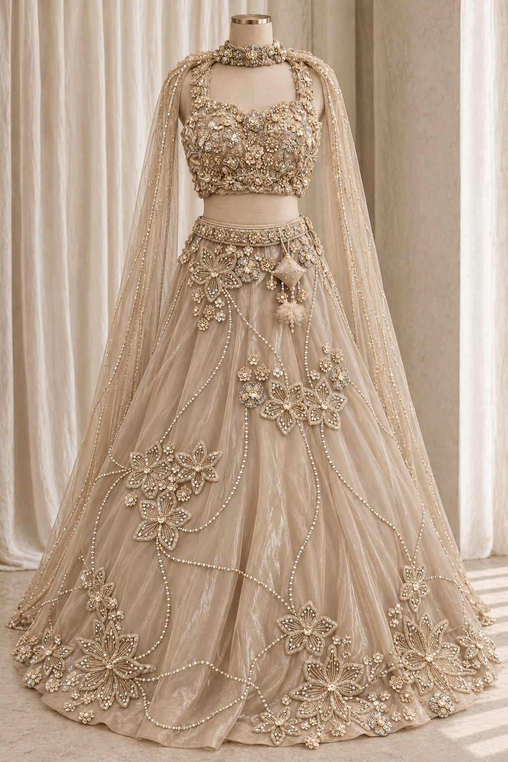 Elegant Soft Net Fabric and Beige Color With Diamond Work Lehenga Choli