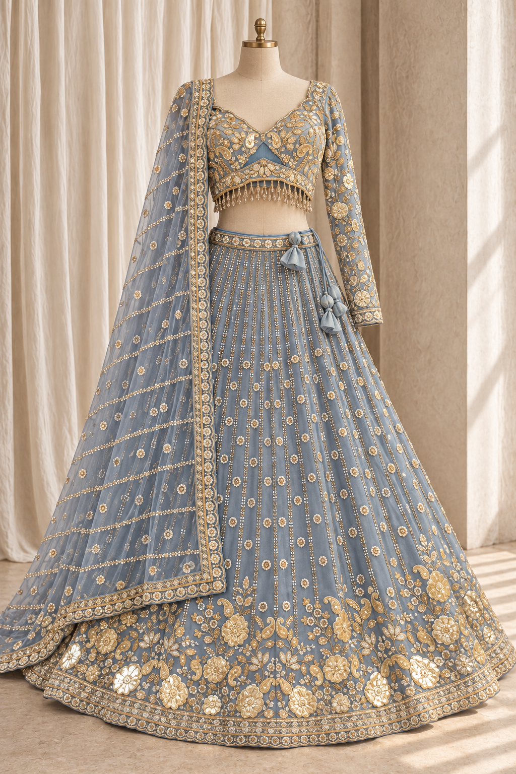 Charming Tissue Fabric and Grey Blue Color With Gota Patti Work Lehenga Choli