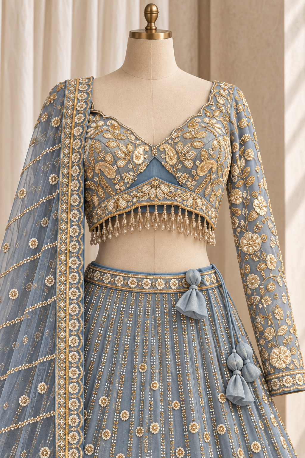 Charming Tissue Fabric and Grey Blue Color With Gota Patti Work Lehenga Choli