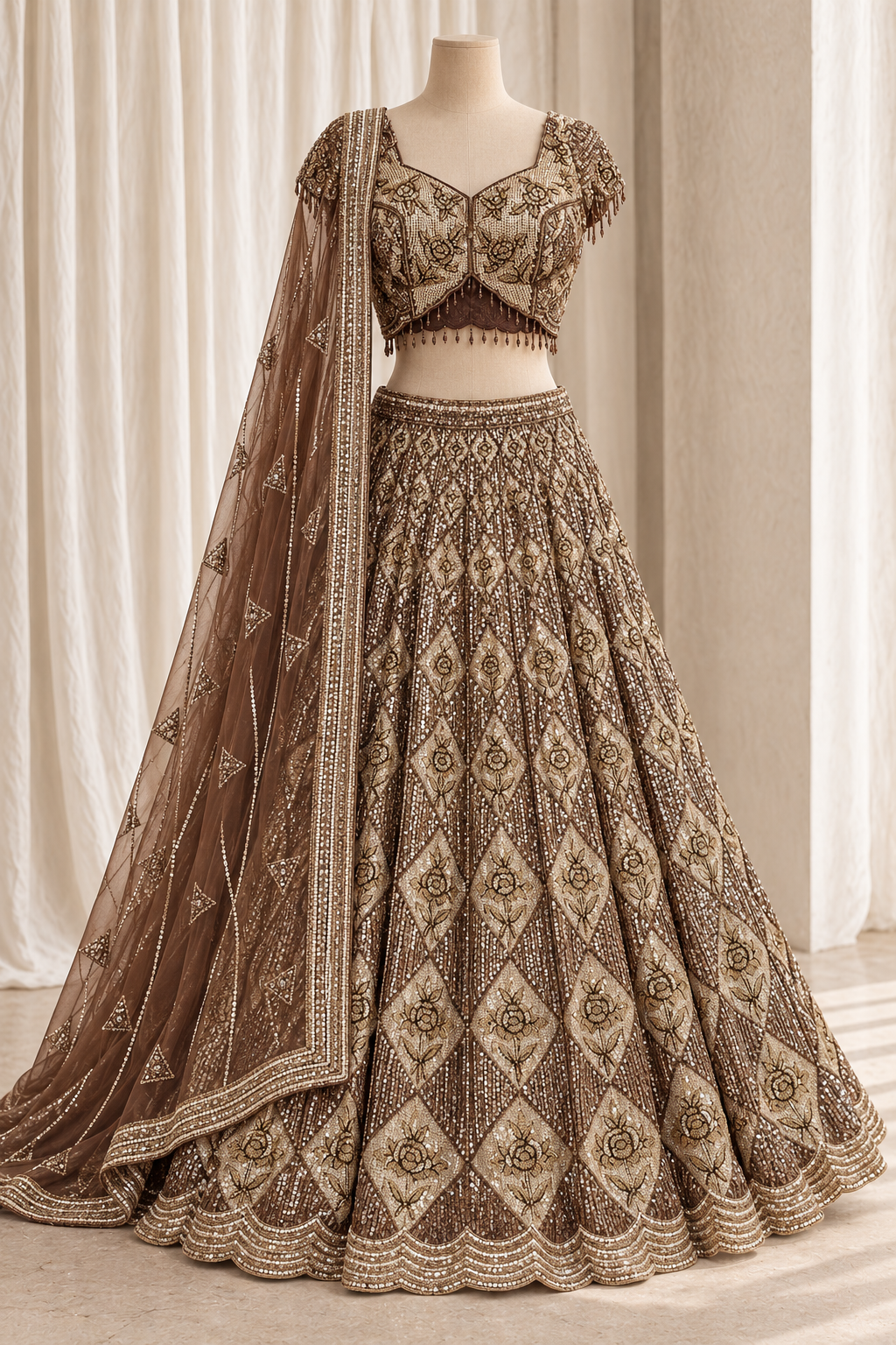 Pretty Soft Net Fabric and Brown Color With Cutdana Work Lehenga Choli
