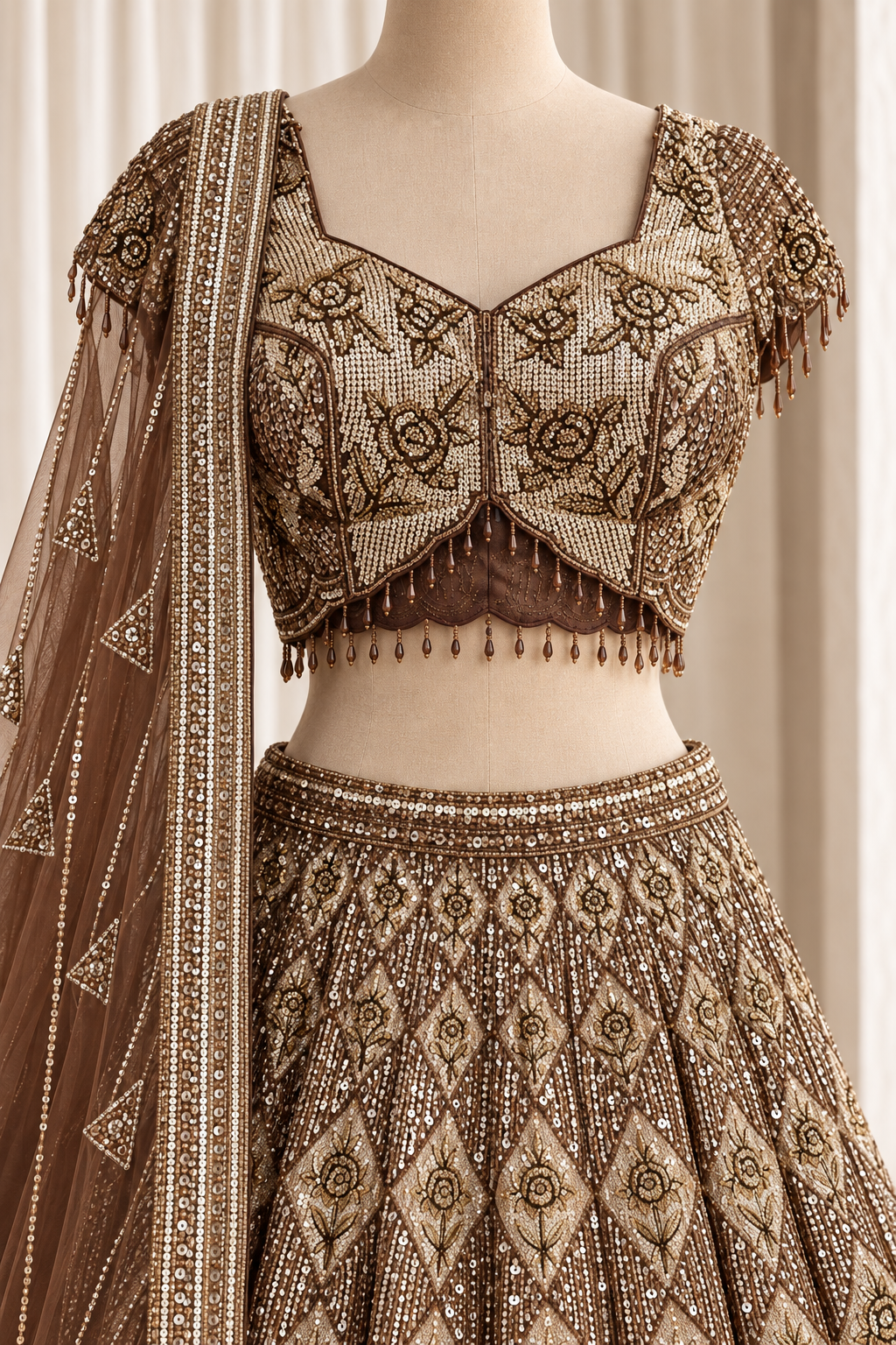 Pretty Soft Net Fabric and Brown Color With Cutdana Work Lehenga Choli