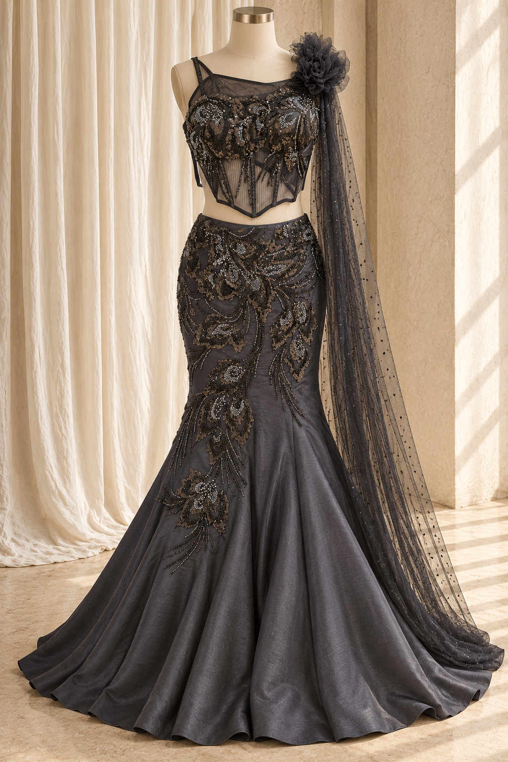 Lovely Raw Silk Fabric and Black Color With Cutdana Work With Fishcut Lehenga Choli
