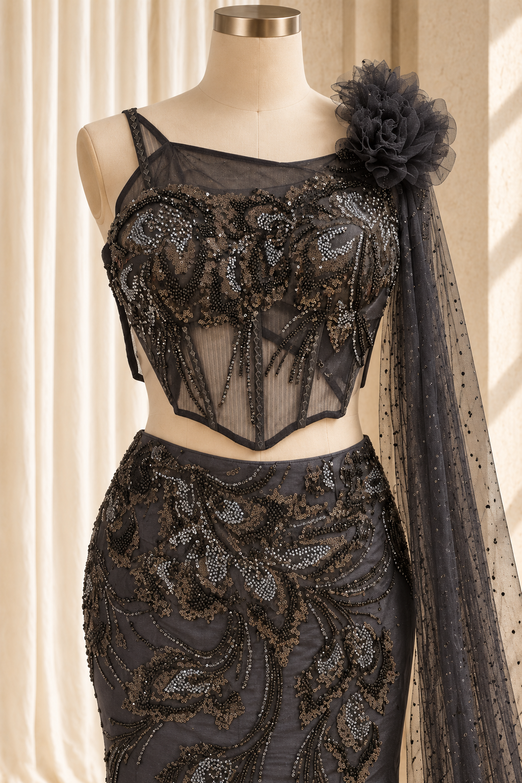 Lovely Raw Silk Fabric and Black Color With Cutdana Work With Fishcut Lehenga Choli