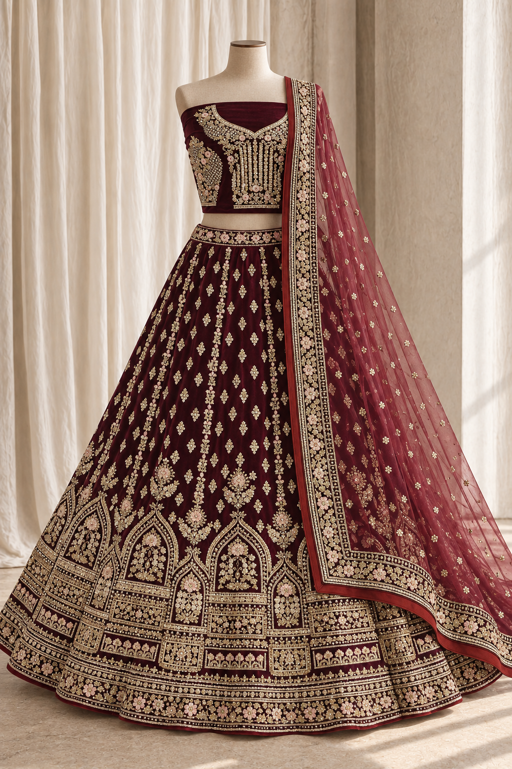 Radiance Velvet Fabric and Maroon Color With Zardozi Work Bridal Lehenga Choli