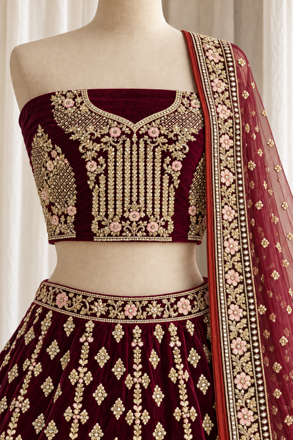 Radiance Velvet Fabric and Maroon Color With Zardozi Work Bridal Lehenga Choli