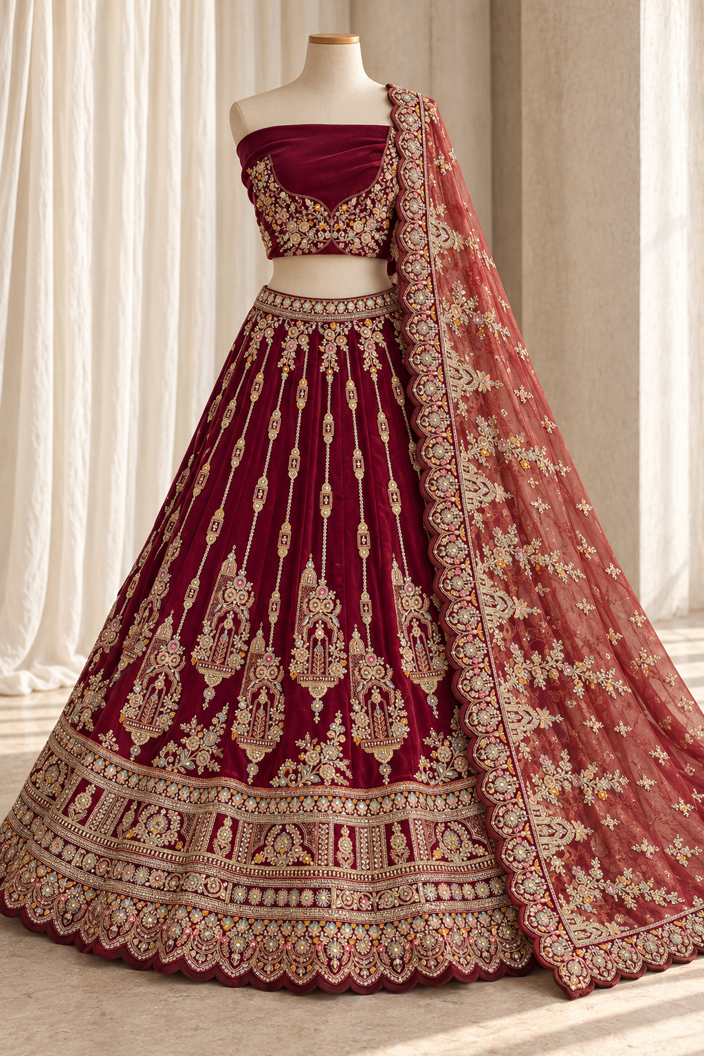 Gorgeousness Velvet Fabric and Cherry Red Color With Diamond Work Bridal Lehenga Choli