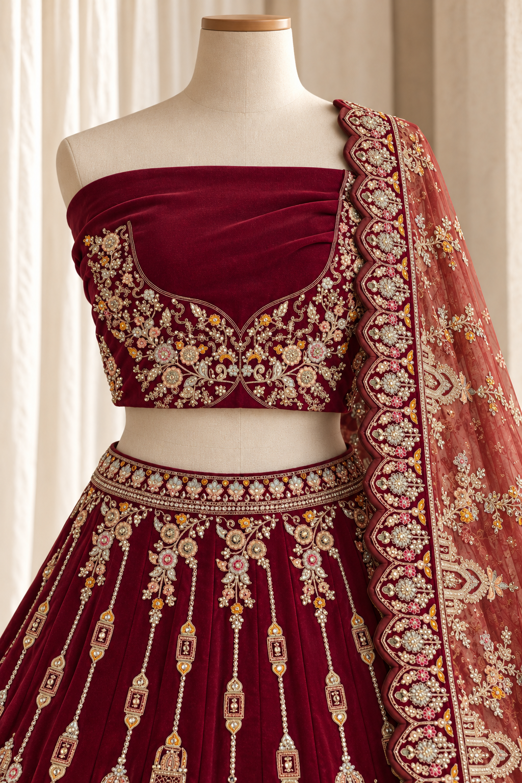 Gorgeousness Velvet Fabric and Cherry Red Color With Diamond Work Bridal Lehenga Choli