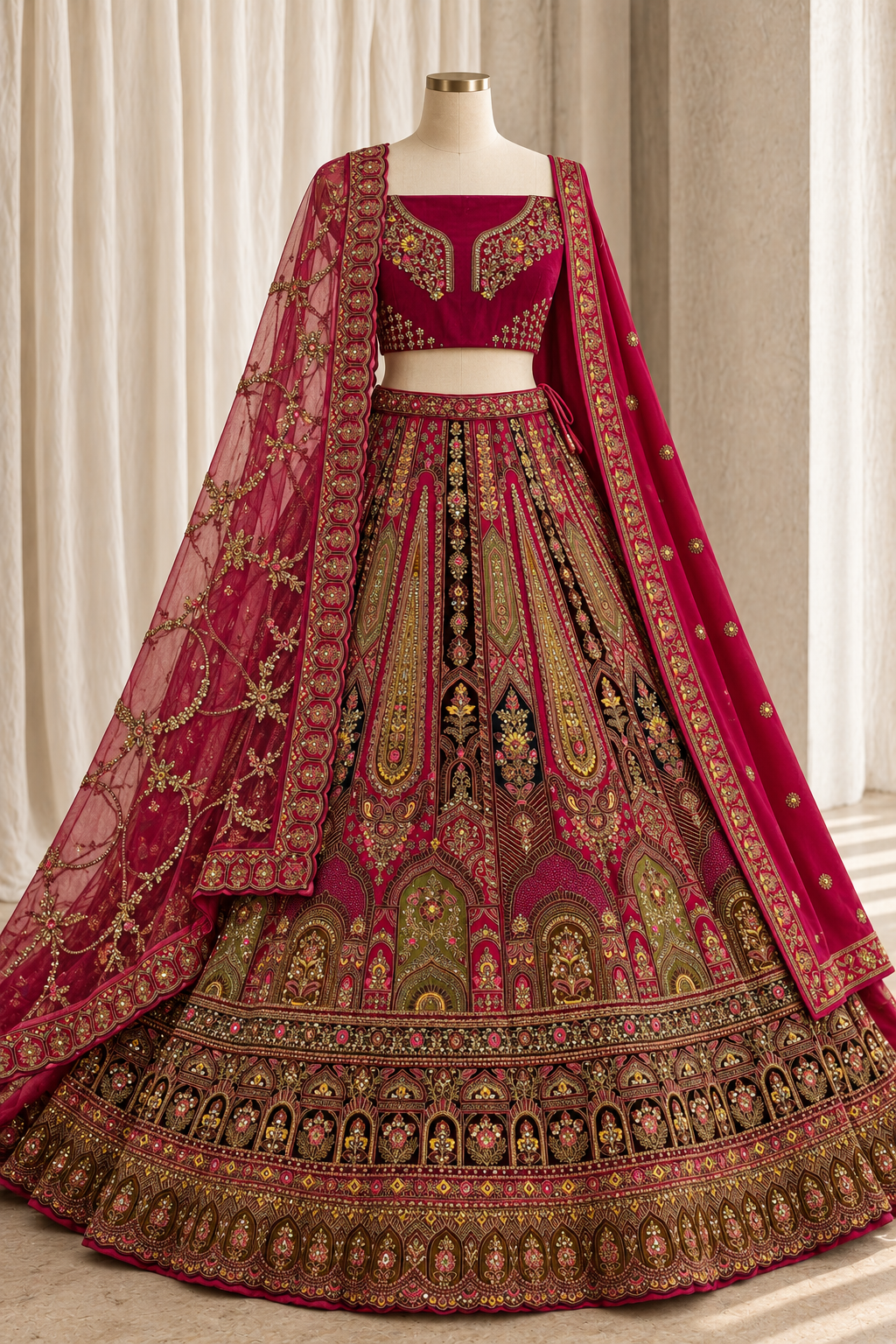 Elegance Velvet Fabric and Rani Color With Thread Work Bridal Lehenga Choli