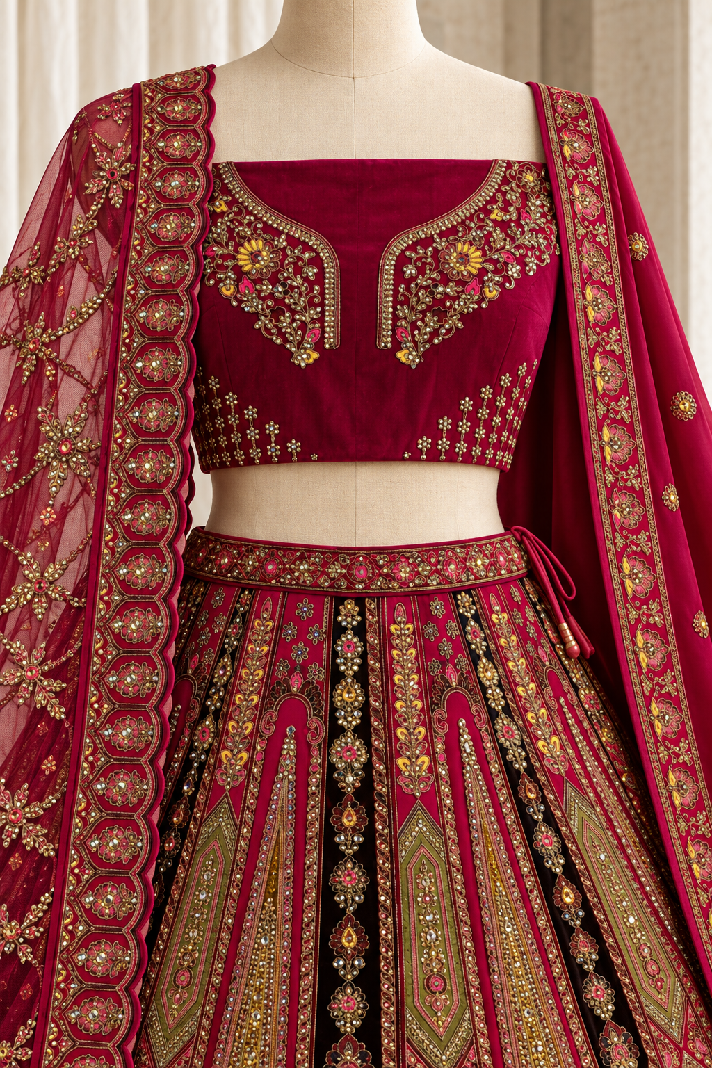 Elegance Velvet Fabric and Rani Color With Thread Work Bridal Lehenga Choli