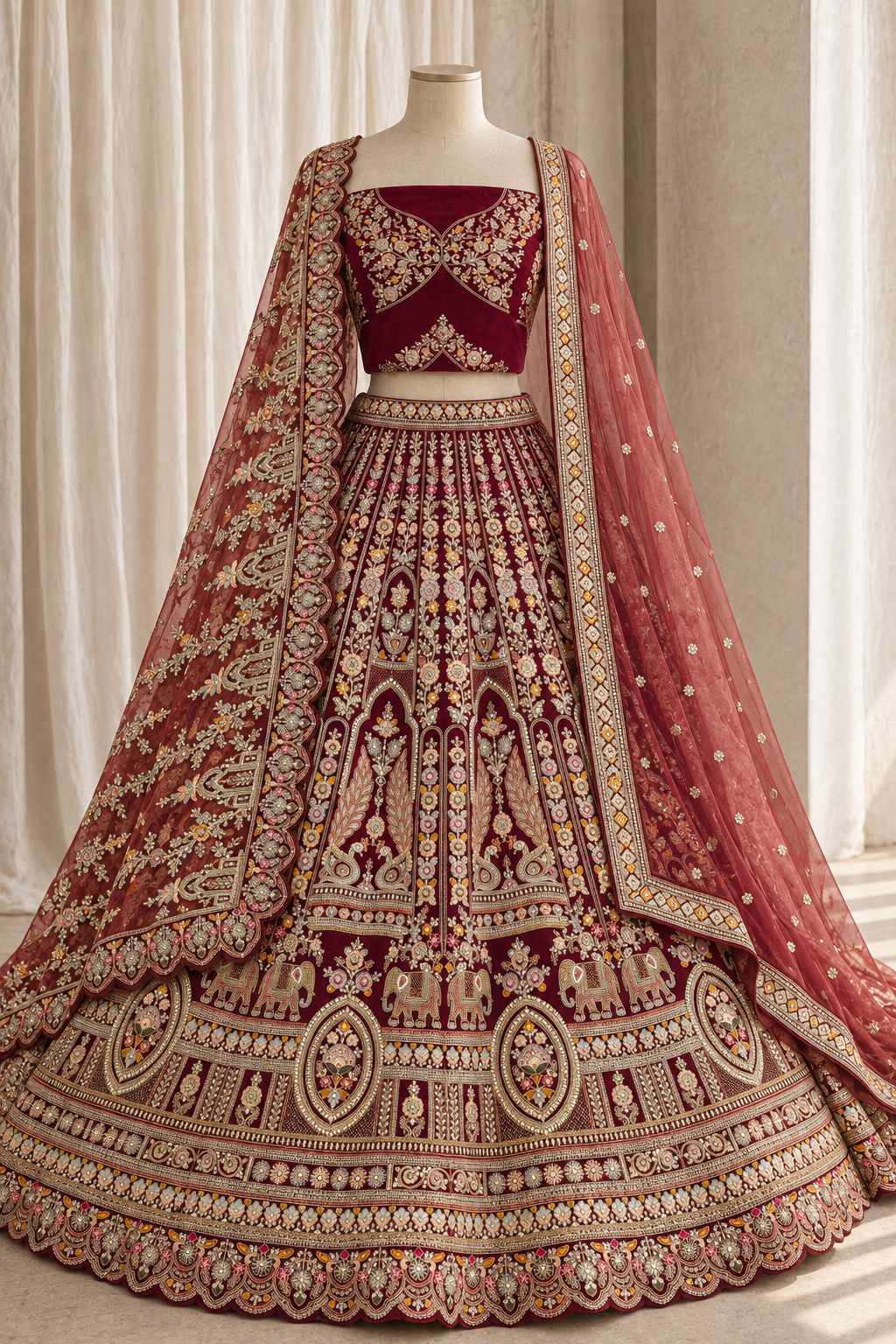 Fantastic Velvet Fabric and Maroon Color With Diamond Work Bridal Lehenga Choli