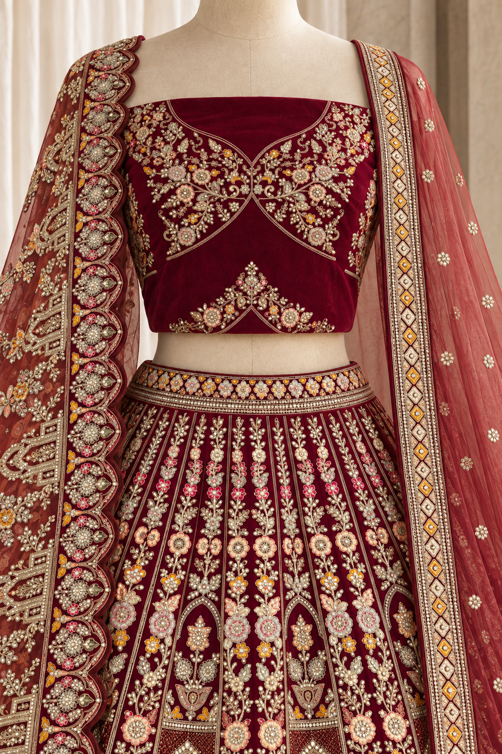 Fantastic Velvet Fabric and Maroon Color With Diamond Work Bridal Lehenga Choli
