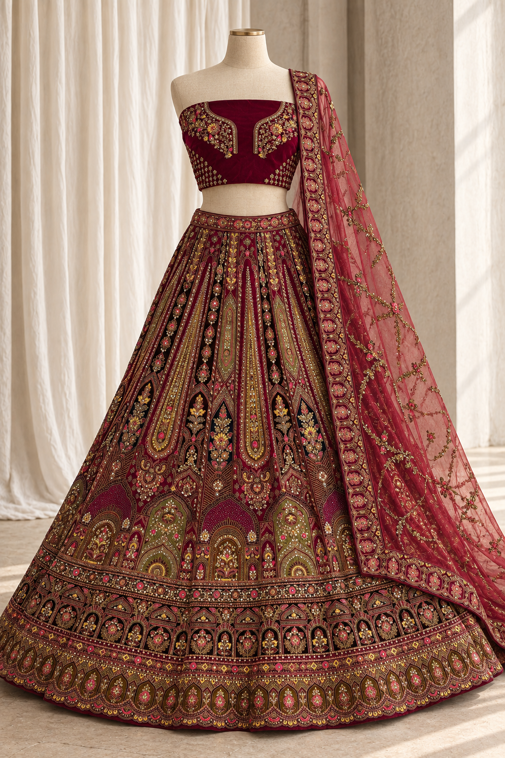 Amazing Velvet Fabric and Rani Color With Zardozi Work Bridal Lehenga Choli