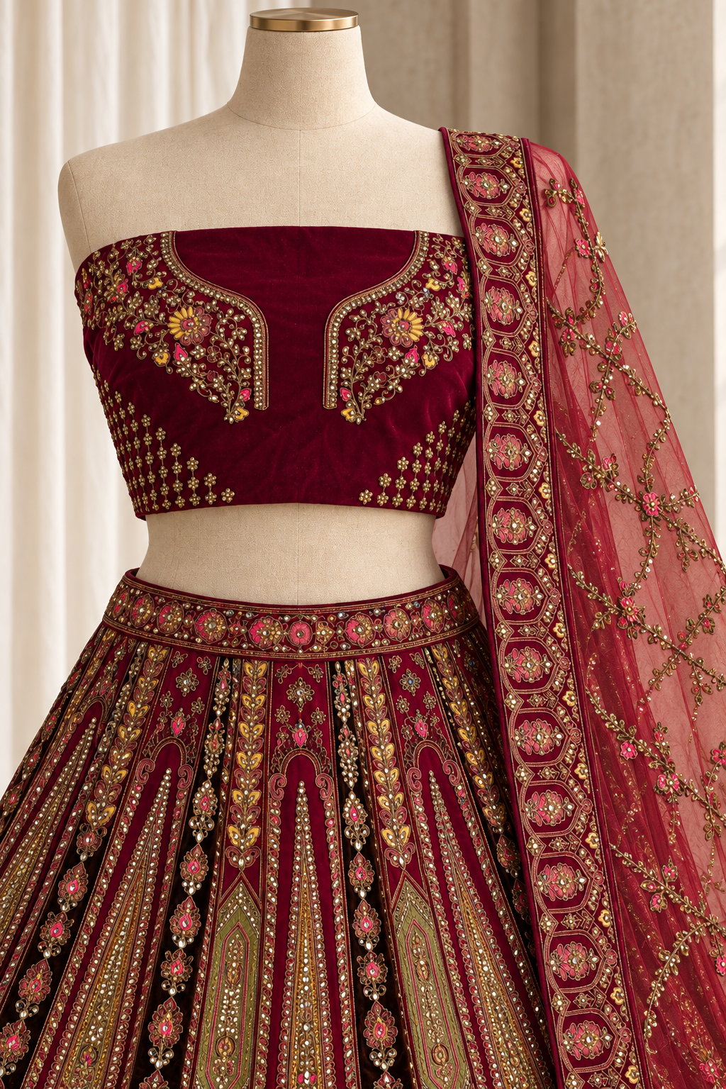 Amazing Velvet Fabric and Rani Color With Zardozi Work Bridal Lehenga Choli