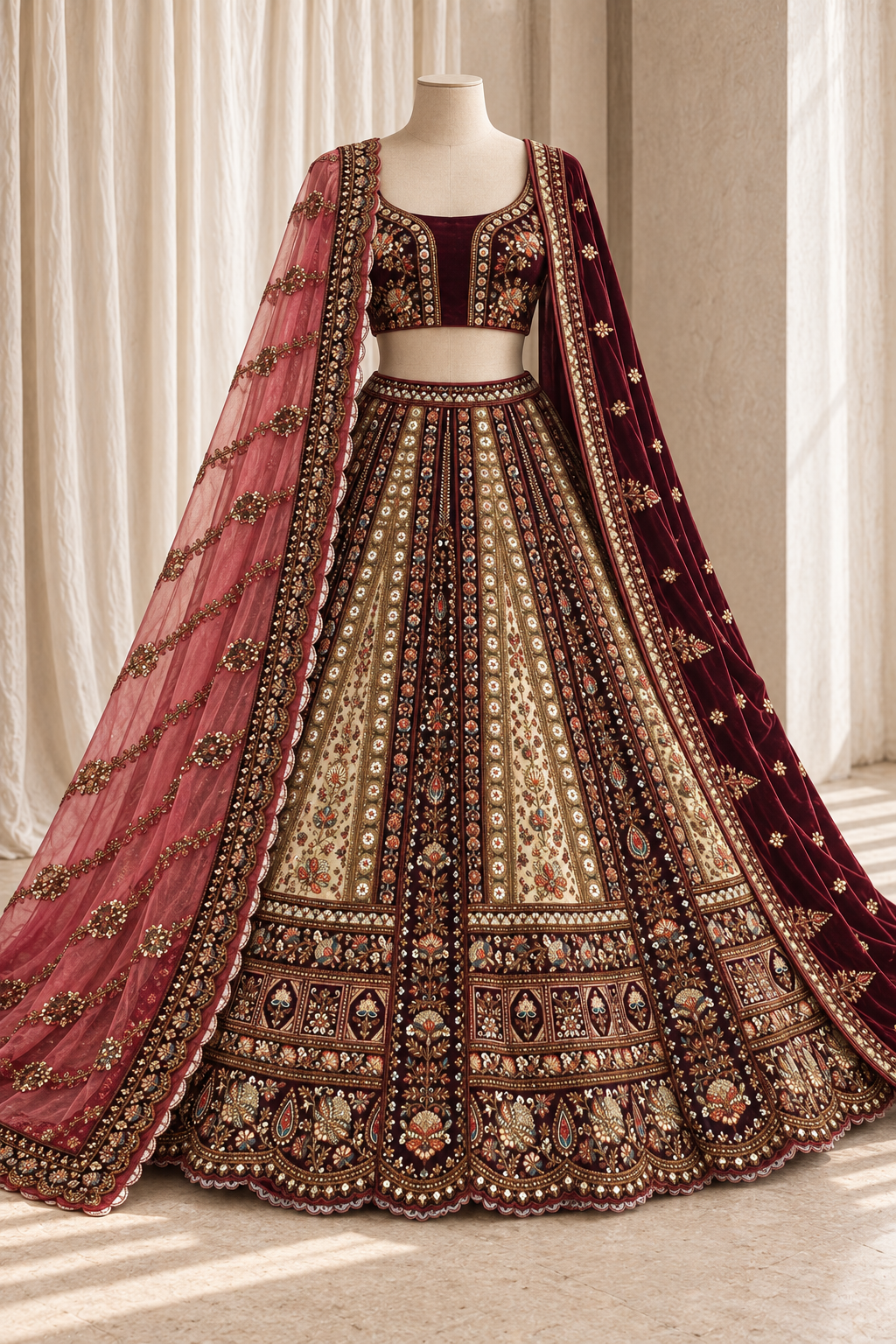 Captivating Banarasi Silk Fabric and Maroon Color With Thread Work Bridal Lehenga Choli