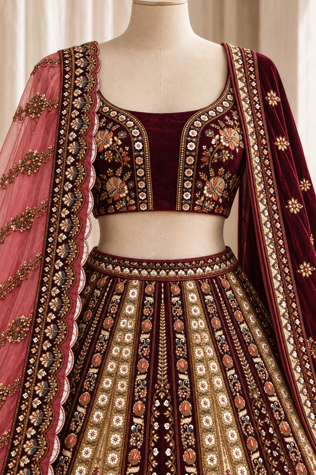 Captivating Banarasi Silk Fabric and Maroon Color With Thread Work Bridal Lehenga Choli