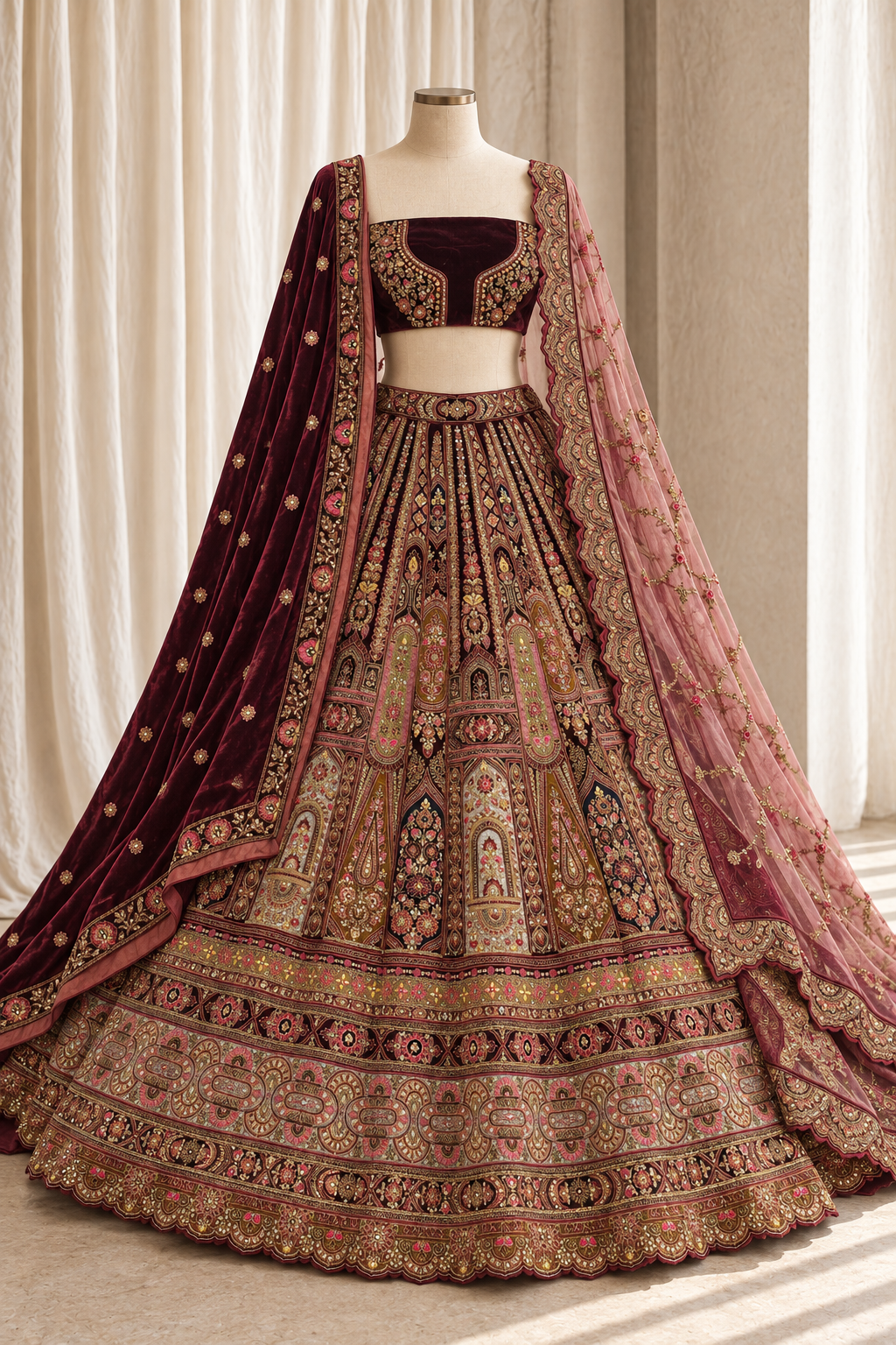 Classy Velvet Fabric and Maroon Color With Zardozi Work Bridal Lehenga Choli
