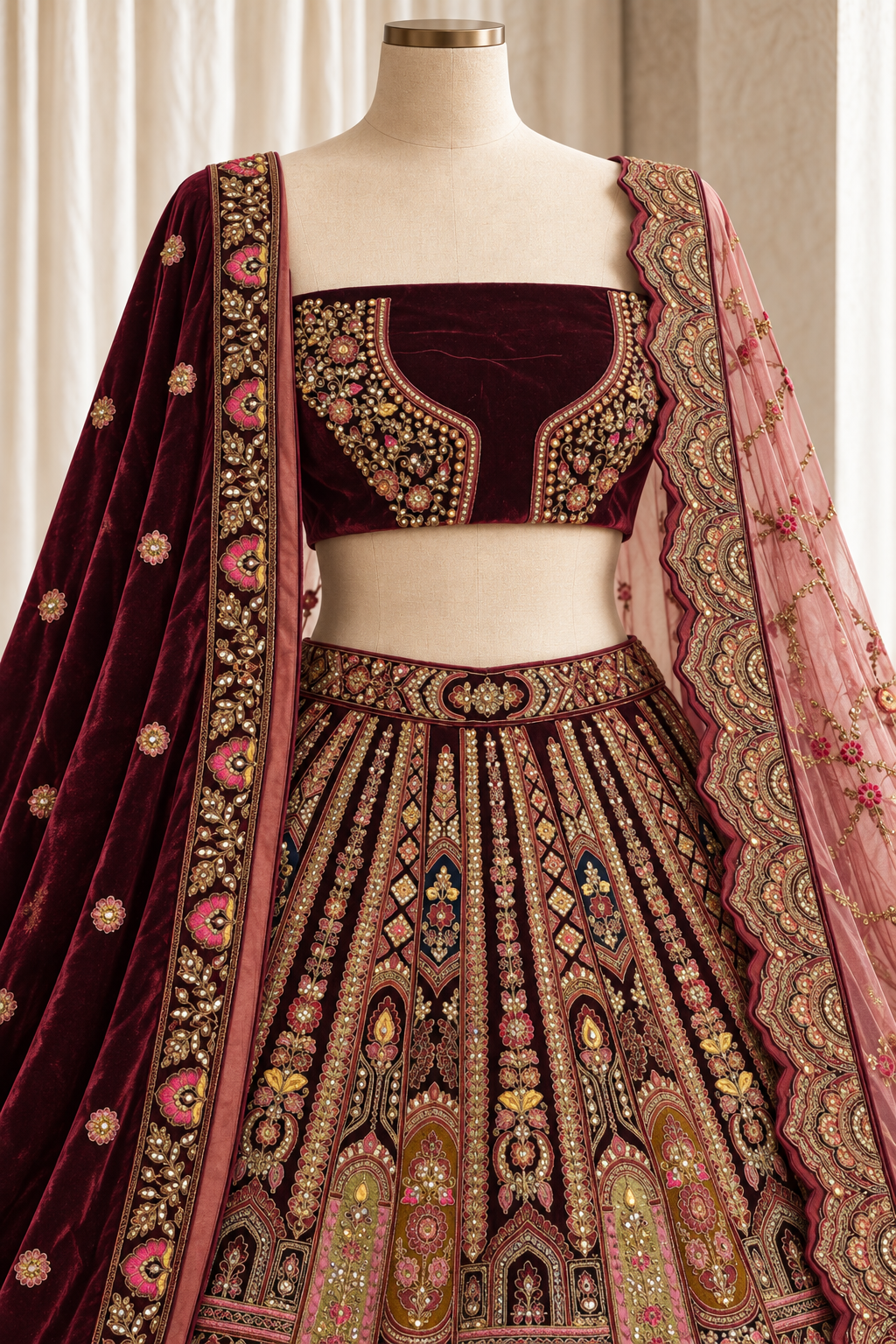 Classy Velvet Fabric and Maroon Color With Zardozi Work Bridal Lehenga Choli