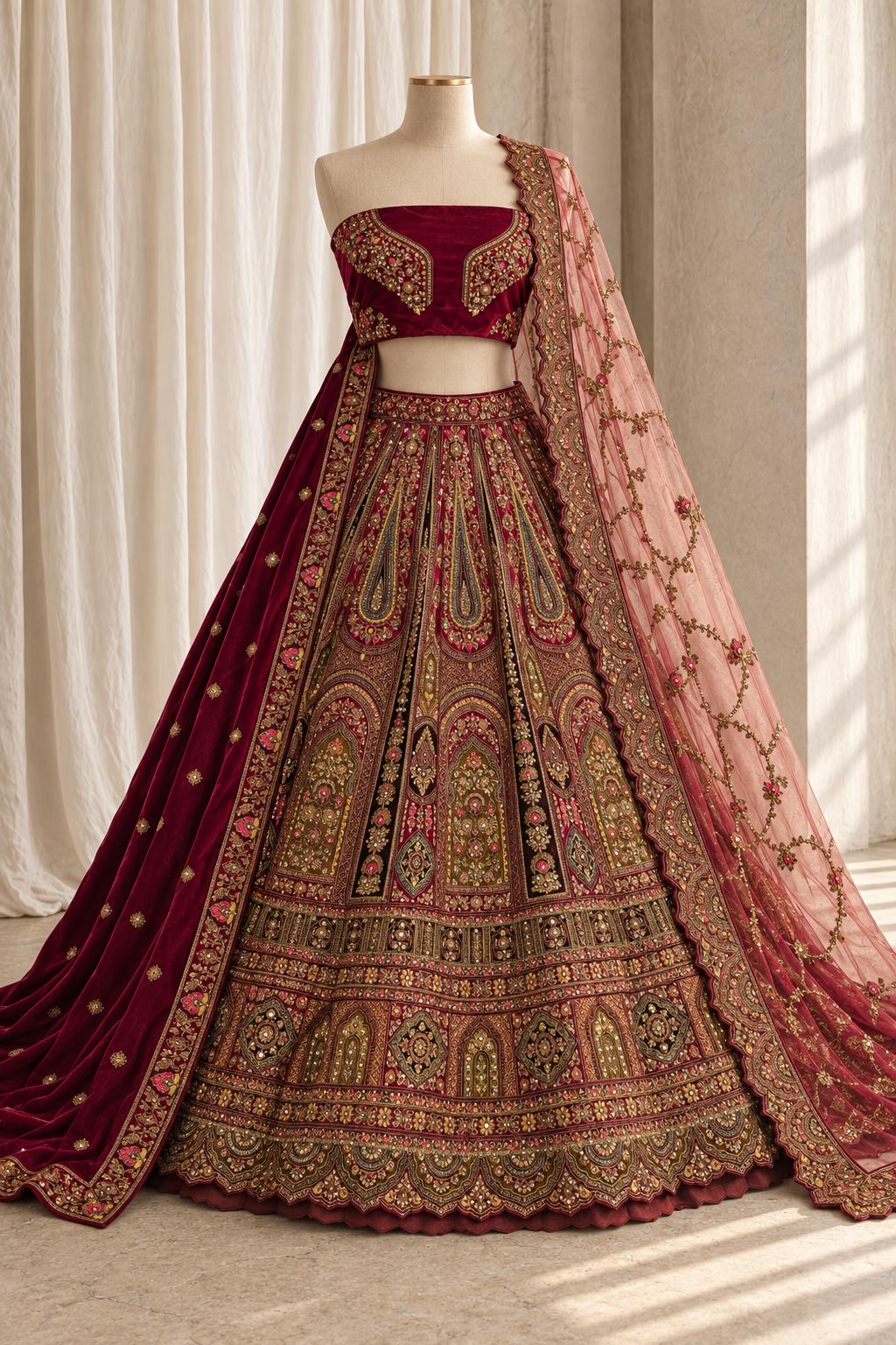 Confident Velvet Fabric and Magenta Color With Zari Work Bridal Lehenga Choli