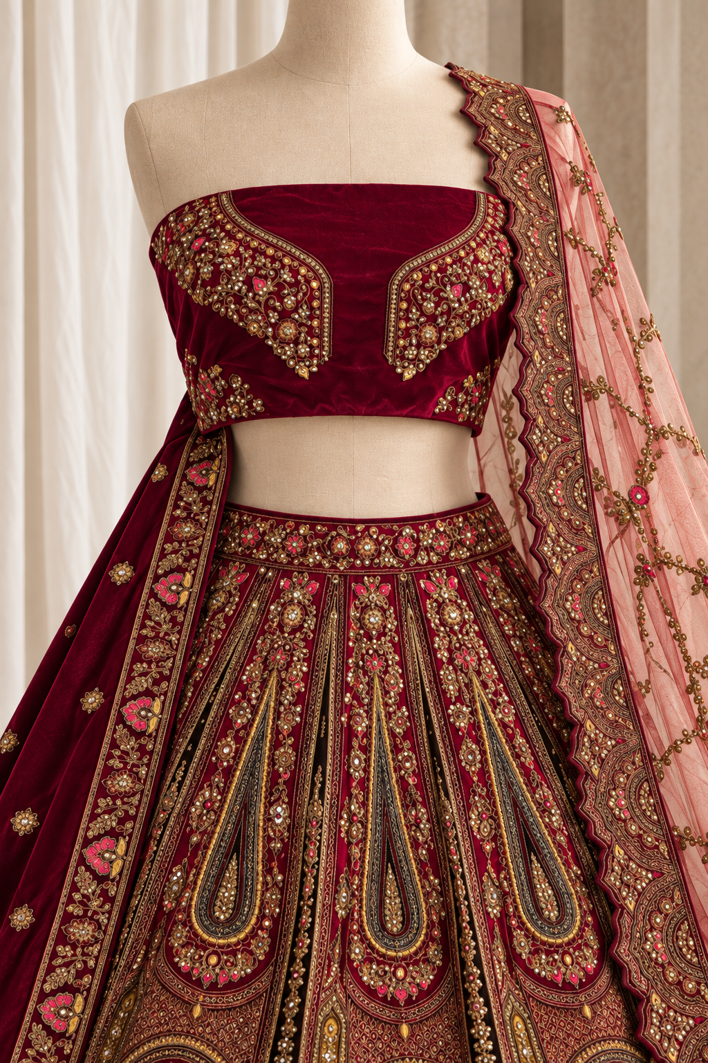 Confident Velvet Fabric and Magenta Color With Zari Work Bridal Lehenga Choli